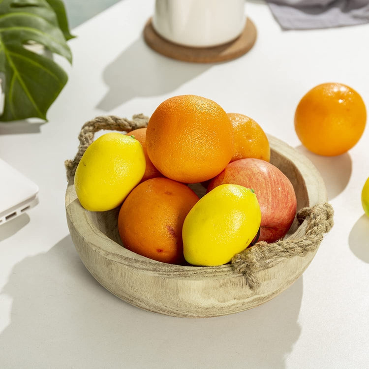 Handmade Paulownia Wood Decorative Round Fruit Bowl with Rope Handles, Serving Bowl Tabletop Home Décor