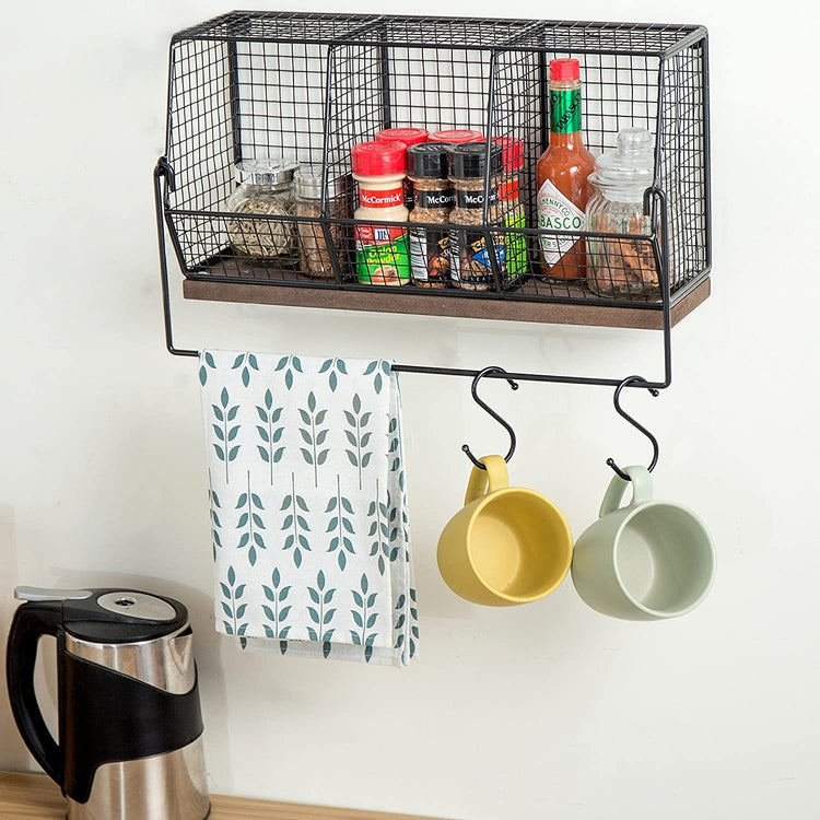 Wall-Mounted Chicken Wire Kitchen Organizer Shelf Rack, Fruit Storage Basket with Towel Bar and 4 S-Hooks