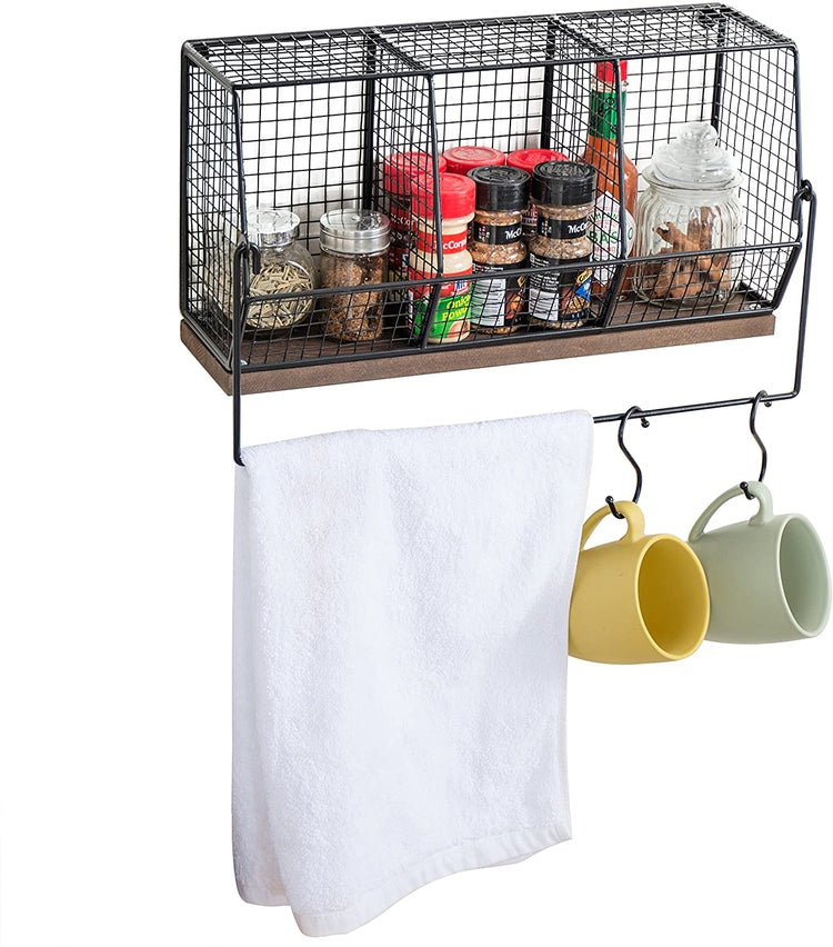 Wall-Mounted Chicken Wire Kitchen Organizer Shelf Rack, Fruit Storage Basket with Towel Bar and 4 S-Hooks