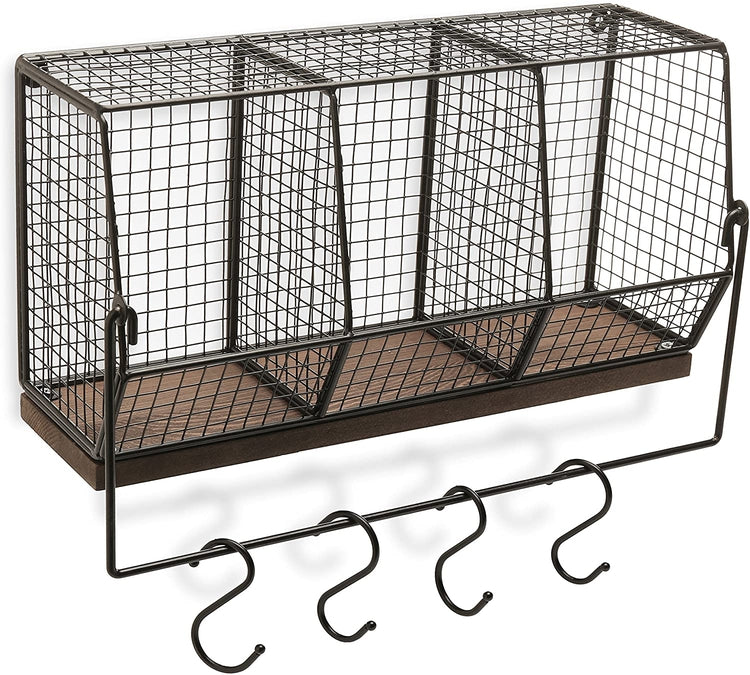 Wall-Mounted Chicken Wire Kitchen Organizer Shelf Rack, Fruit Storage Basket with Towel Bar and 4 S-Hooks