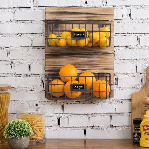 Rustic Wood & Metal Wire Wall-Mounted Basket Rack w/ Label Holders