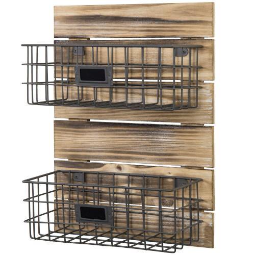 Rustic Wood & Metal Wire Wall-Mounted Basket Rack w/ Label Holders