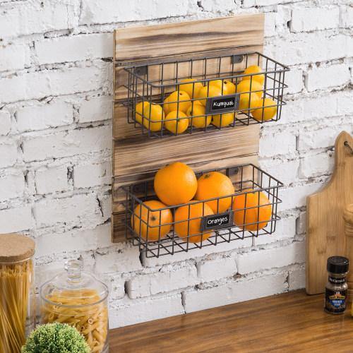 Rustic Wood & Metal Wire Wall-Mounted Basket Rack w/ Label Holders