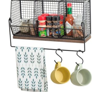 Wall-Mounted Chicken Wire Kitchen Organizer Shelf Rack, Fruit Storage Basket with Towel Bar and 4 S-Hooks