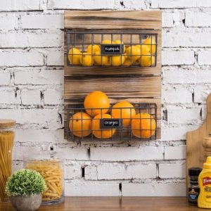 Rustic Wood & Metal Wire Wall-Mounted Basket Rack w/ Label Holders