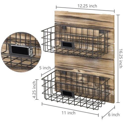 Rustic Wood & Metal Wire Wall-Mounted Basket Rack w/ Label Holders