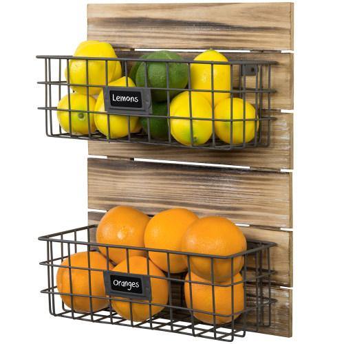 Rustic Wood & Metal Wire Wall-Mounted Basket Rack w/ Label Holders