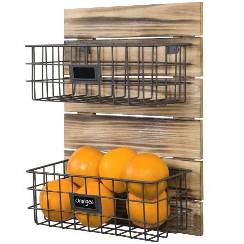 Rustic Wood & Metal Wire Wall-Mounted Basket Rack w/ Label Holders