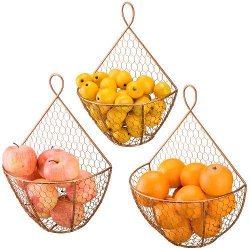Copper Metal Wire Wall Hanging Produce Baskets, Set of 3