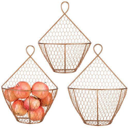 Copper Metal Wire Wall Hanging Produce Baskets, Set of 3