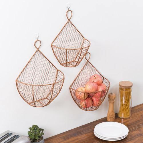 Copper Metal Wire Wall Hanging Produce Baskets, Set of 3
