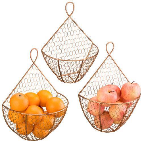 Copper Metal Wire Wall Hanging Produce Baskets, Set of 3