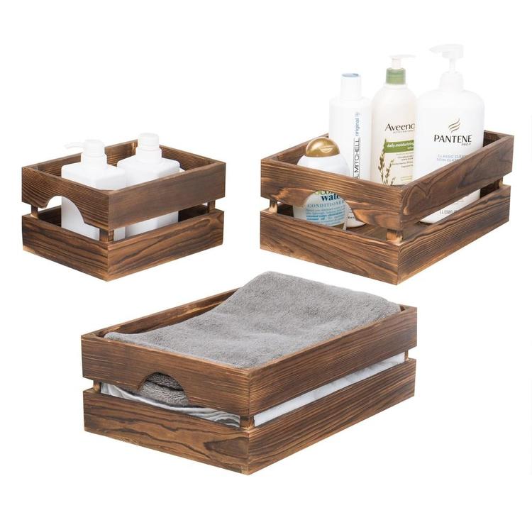 Dark Brown Nesting Wood Storage Crates, Set of 3
