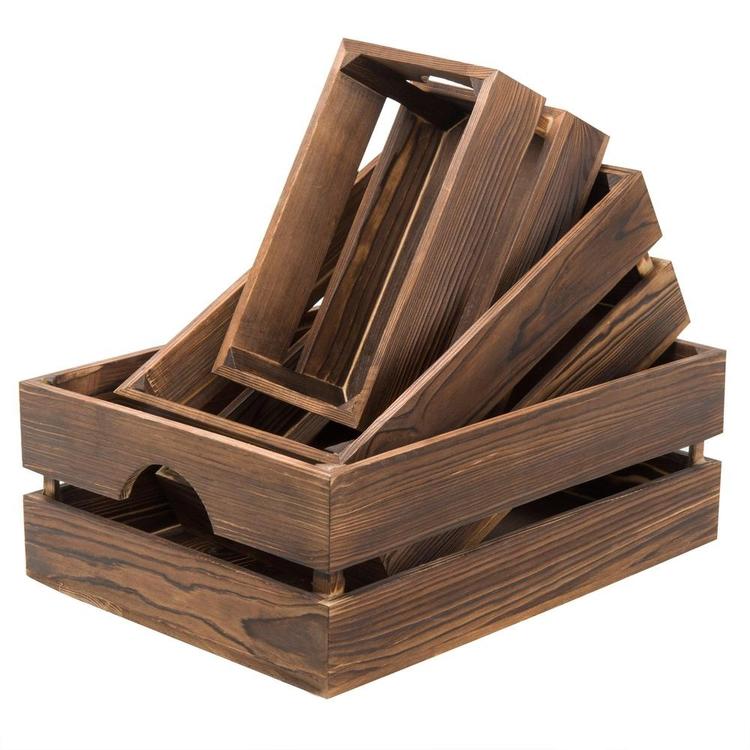 Dark Brown Nesting Wood Storage Crates, Set of 3