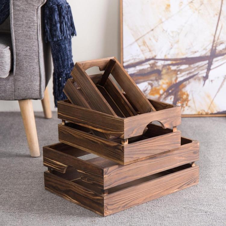 Dark Brown Nesting Wood Storage Crates, Set of 3