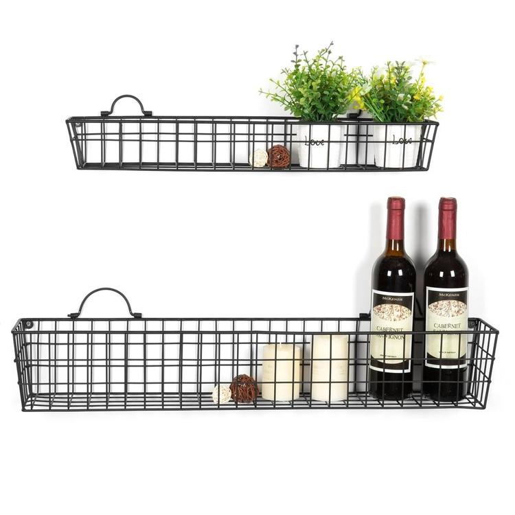 Rustic Wall-Mounted Metal Mesh Storage Baskets, Set of 2
